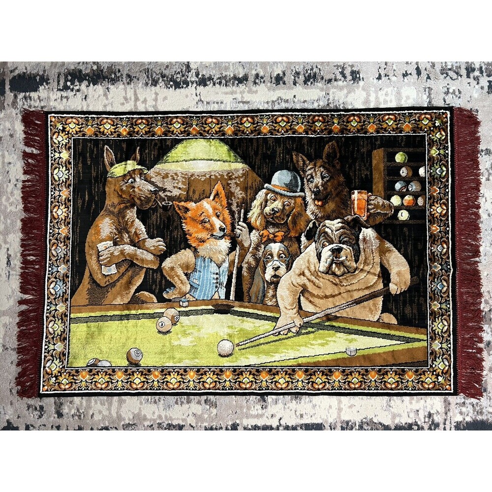 Vtg P&C Wall Tapestry Dog Pool Billiard Man Cave Made In Italy Bar Decor 38x56"